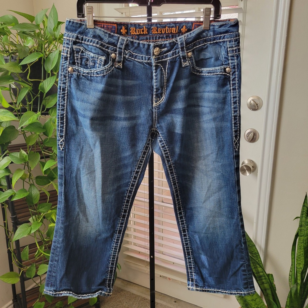 Rock Revival Eva Mid Rise Cropped Jeans 32 Medium Wash Thick Stitch